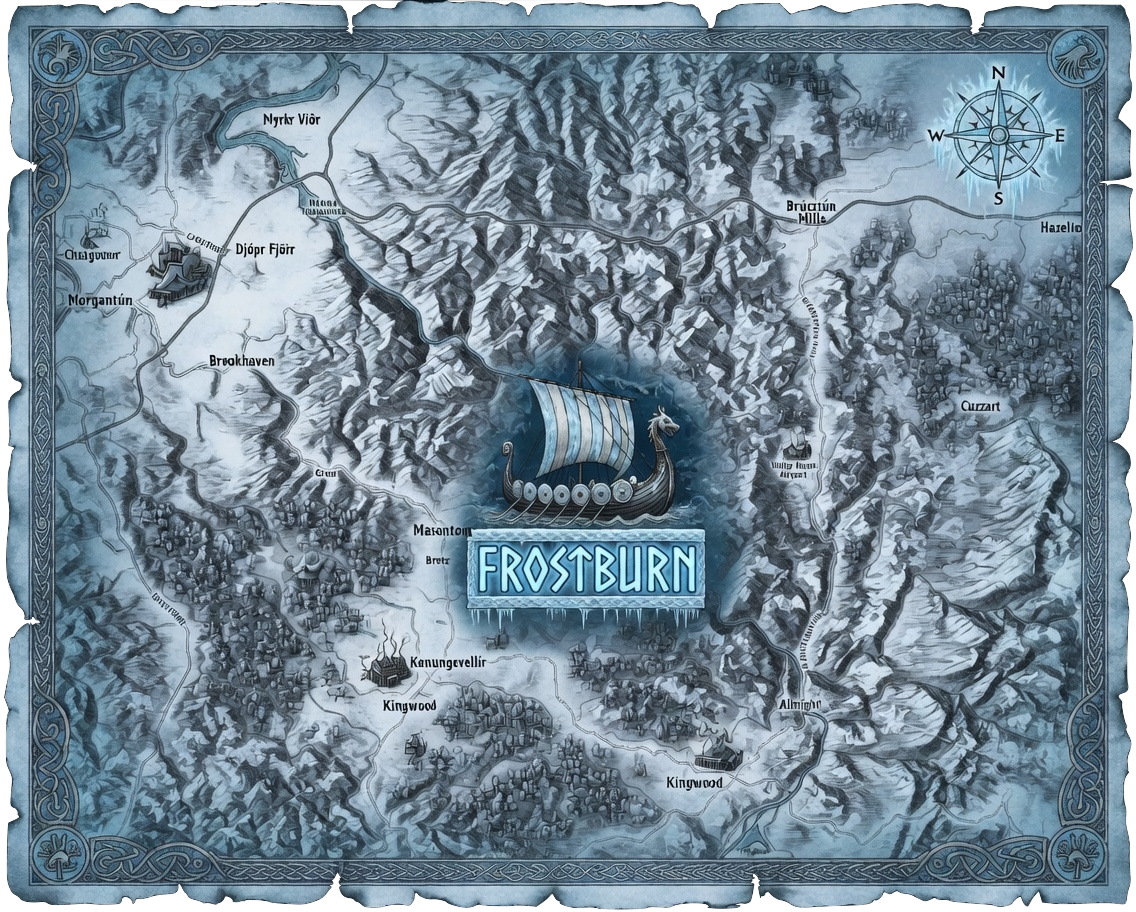 Winter illustrated map of the Frostburn lands in West Virginia